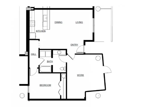 Floor plan for 1 bed, 1 bath, 1050 sqft